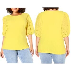 City Chic Eyelet Puff Sleeve Top In Sunshine Size Large (20) NWOT $49 MSRP